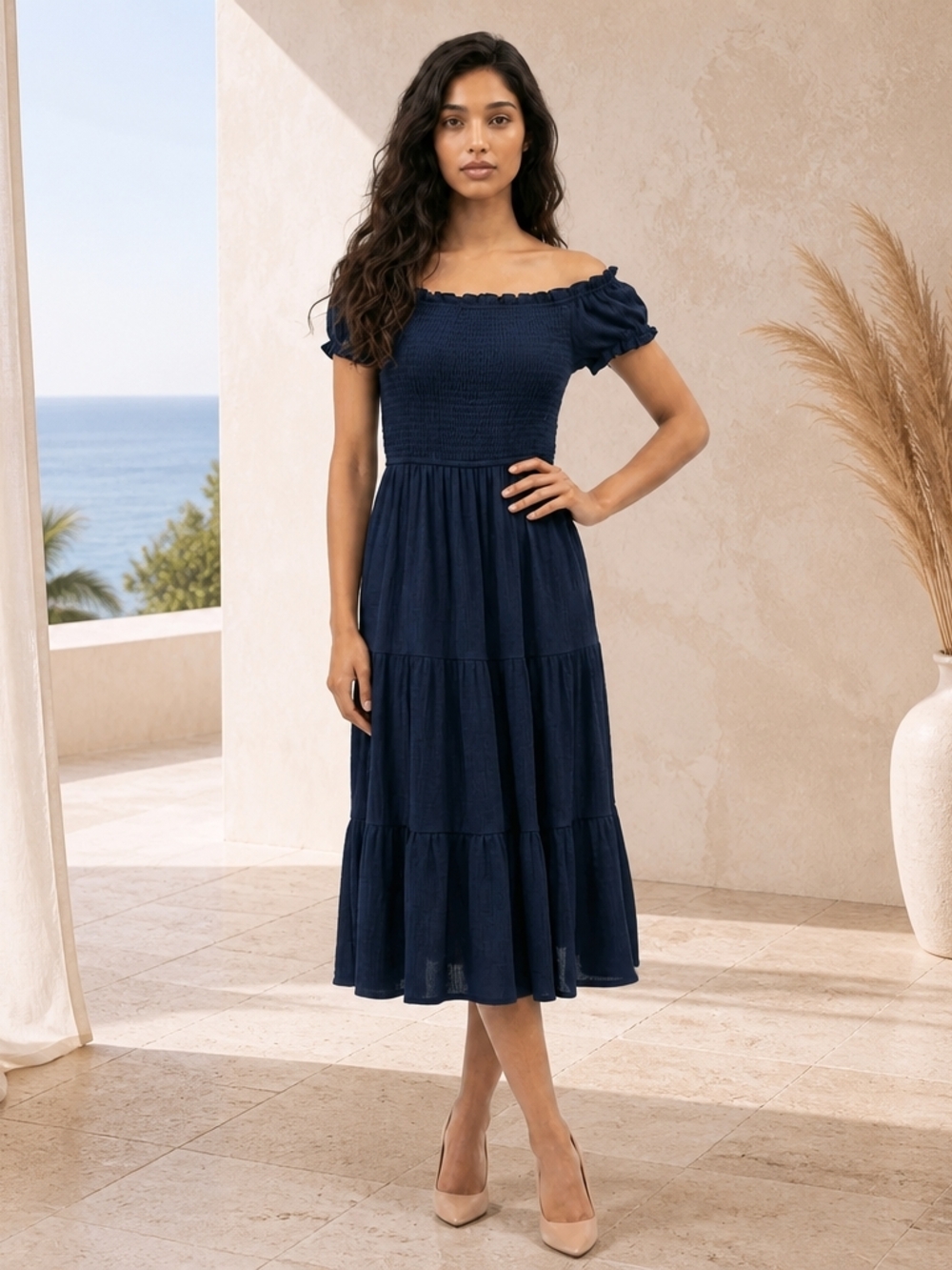 Ninexis Navy Blue Puff Sleeve Smocked Hi-Low Maxi Dress Size Lg
